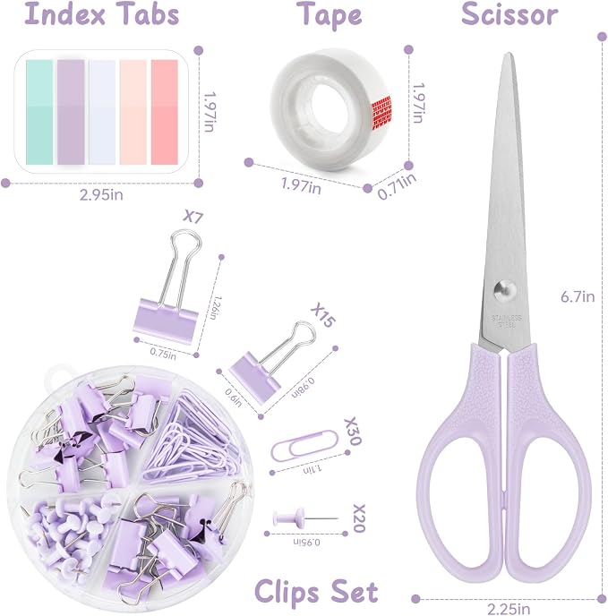 Purple Office Supplies, Kids Office Supplies and Accessories, Office Desk Set with Stapler, Tape Dispenser, Staple Remover, Clips and Scissors for Women, Boss Lady, Coworkers, Office Clerks, Kids