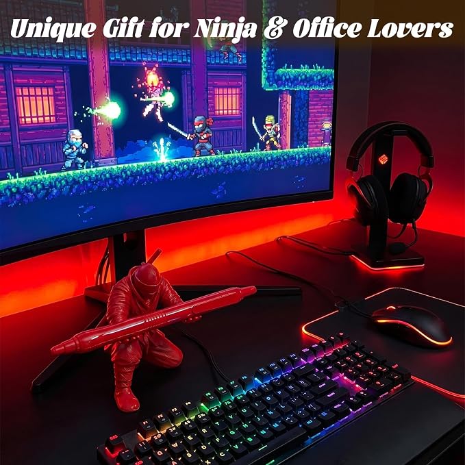 3D Printed Ninja Pen Holder - Cool Ninja Figurine Pen Stand, Decorative Desk Organizer for Office & Home (red)