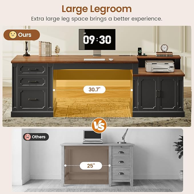 SEDETA Farmhouse 70.9" Executive Desk, Home Office Desk with File Drawers and Storage Cabinet, Computer Desk with Power Outlet for Home Office, Work Study Writing, Black+Brown