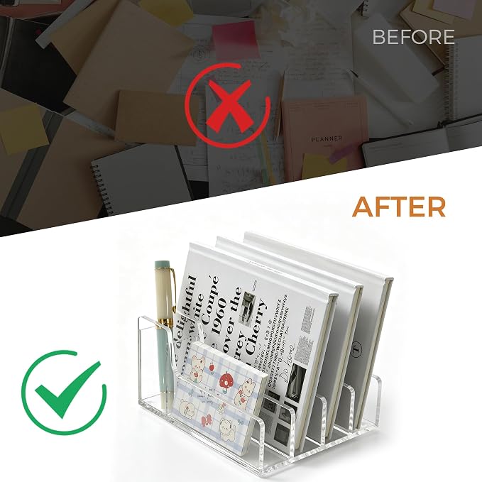 Acrylic Mail Organizer for Desk, 5 Compartments Letter Sorter with Pen Holder, Clear Desktop File Folder & Notebook Holder, Cute Office Supplies Organizer for Home Office School