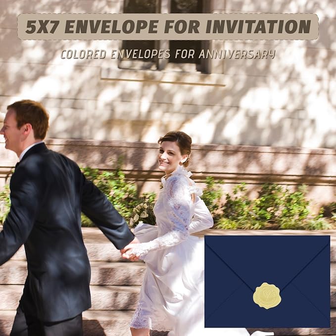 5x7 Envelopes With Golden Stickers (50, Blue, A7) | A7 Envelope for Invitations,envelope for 5x7 cards,Self Seal for Postcards, Greeting Cards, Mailing，Wedding