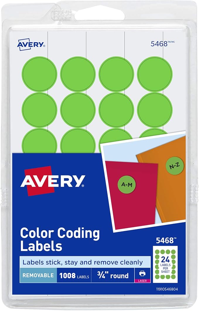 Avery Colored Dot Stickers, Removable Print or Write Circle Labels, 3/4 Inch, 1008 Neon Green Round Stickers (5468)