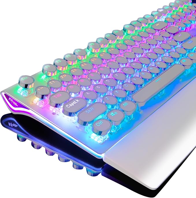 RK ROYAL KLUDGE S108 Typewriter Gaming Keyboard, Retro RGB Mechanical Keyboard, Full Size Wired Keyboards with Number Pad and Detachable Wrist Rest, Round Keycaps, Clicky Blue Switches White