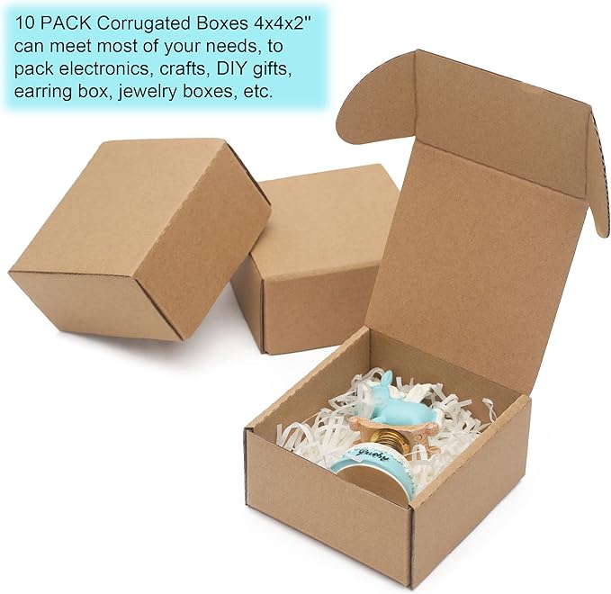 10 Pack Small Shipping Boxes 4x4x2'' (Inner Size) Corrugated Small Cardboard Boxes for Shipping, Recyclable Packaging Boxes for Business, Mailer, Gift Packing, Crafts Packing, Jewelry Boxes, Brown
