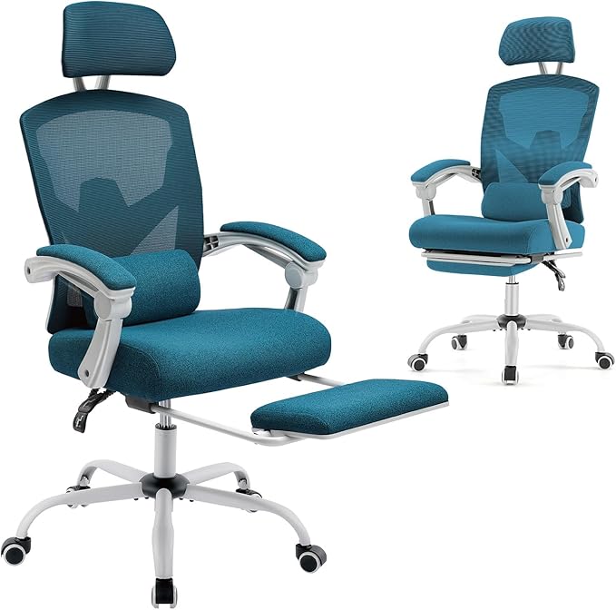 DUMOS Home Office Desk Chair with Footrest, High-Back Mesh Rolling Swivel Reclining Chairs with Wheels, Comfortable Headrest, Lumbar Support, Comfy Arms for Home, Office, Gaming, Student, Elegant Blue