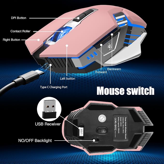 Wireless Mouse Bluetooth, Silent Rechargeable Multi-Device Mouse, BT5.0/3.0 and USB Cordless Computer Mice, RGB Light up Gaming Mice for Laptop PC Mac Macbook Air/Pro iPad Tablet Office Games -Pink | BT5.0/BT3.0+2.4G connection, RGB backlight & quiet c...