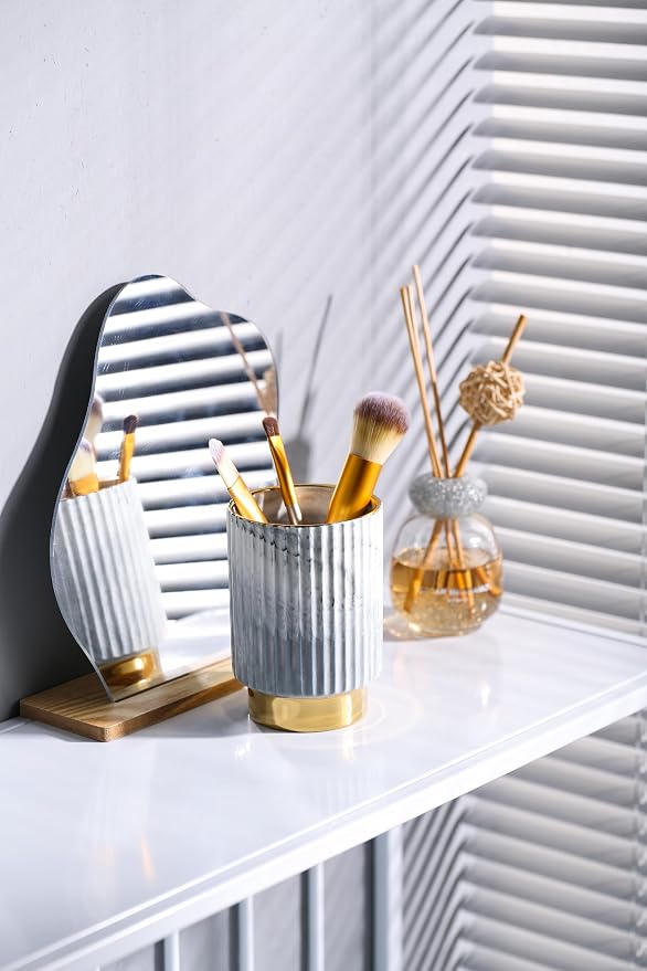 Makeup Brush Holder Organizer Pen Pencil Cup Glass Make Up Brushes and Toothbrush Organizer for Bathroom Vanity Desktop European Style Striped Brushes Container,Grey and Gold