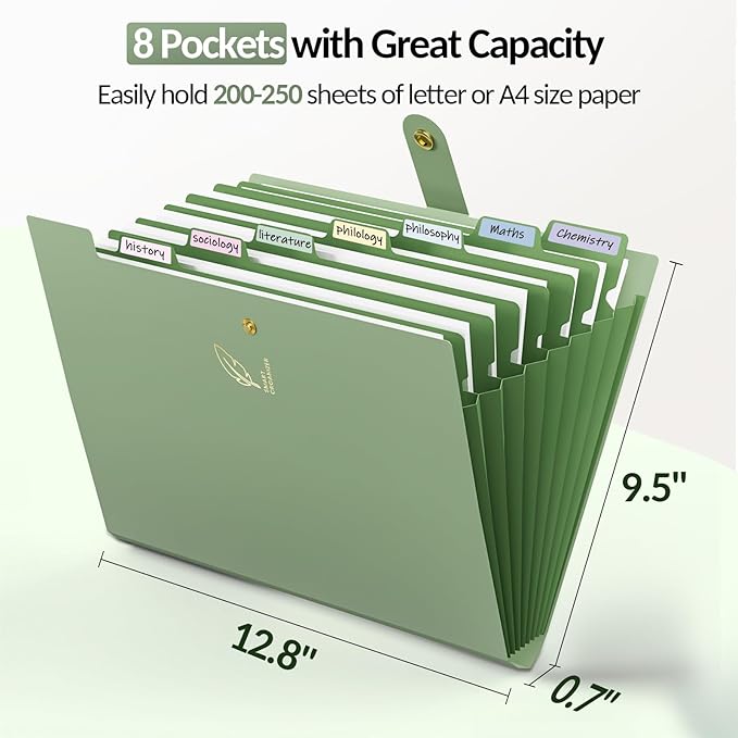 Sooez Aesthetic 8 Pocket Accordion File Organizer, Pastels Expanding File Folder for Important Document with Labels, Portable Receipt Bill Organizer for Office School Supplies, Letter Size Olive Green