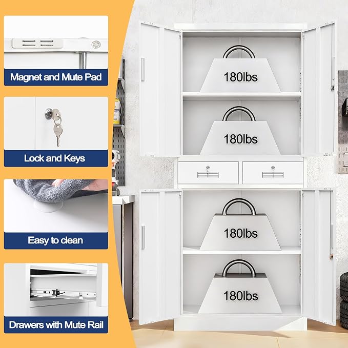 Wanfu Metal Storage Cabinet, Locking Storage Cabinet with Adjustable Shelves and 2 Drawers, 16" D x 32" W x 71" H Steel Cabinets for Office, Garage, Home, Classroom, Utility Room(White)