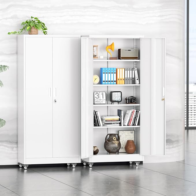 Metal Garage Storage Cabinet with Wheels, Rolling Storage Cabinet with Locking Doors and 4 Adjustable Shelves,- 73" Steel Tool Cabinet for Home Office,Garage,Warehouse，White