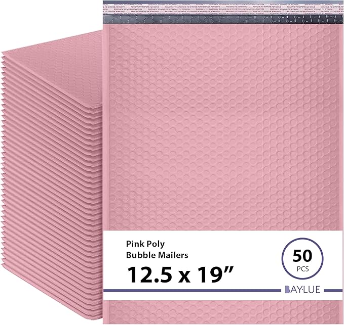 Light Pink 12.5x19.5 Inch Large Poly Bubble Mailers #6 | Padded Envelopes with Self Seal | Air Lined Cushioned Bubble Mailer | Usable Size 12.5x15 | 50 Pack Bulk | Lightweight shipping Bags