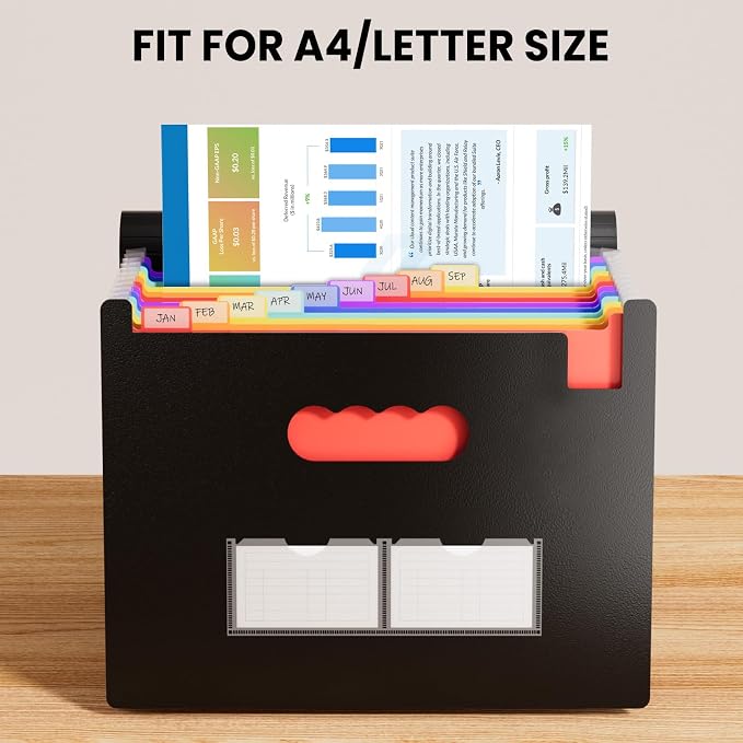 Sooez Accordion File Organizer, 13 Pocket Expanding File Folders, Letter/A4 | Portable Monthly Paper Bill Tax Receipt Organizer, Letter A4 Size Document Holder with Blank Labels