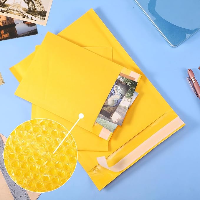 100 Pcs Kraft Bubble Mailers 3 Size Padded Envelopes Kraft Poly Mailers Bubble Lined Shipping Envelopes Mail Shipping Bags for CDs Book Business Supplies (Yellow)