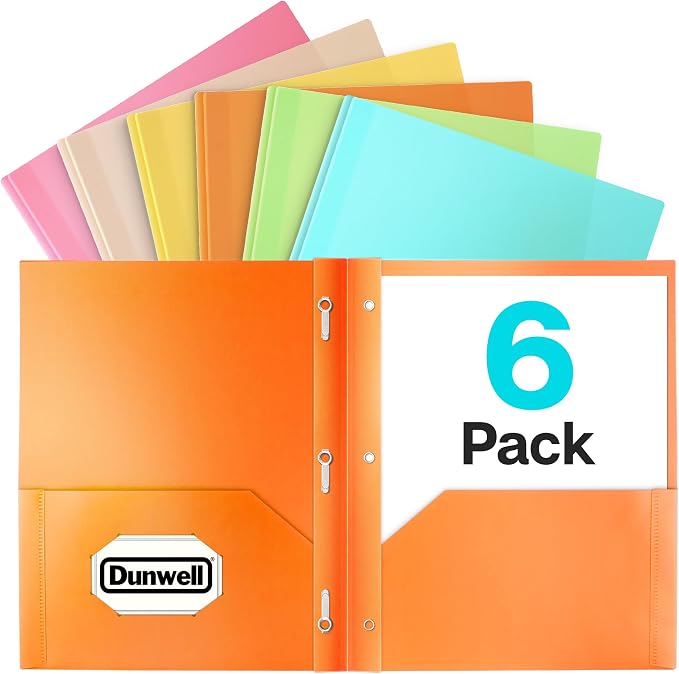 Dunwell Pastel 2-Pocket 3-Prong Folders, Plastic, 6 Pack, Labels | Aesthetic Color-Coded School Folders, Durable Plastic, Back to School Supplies