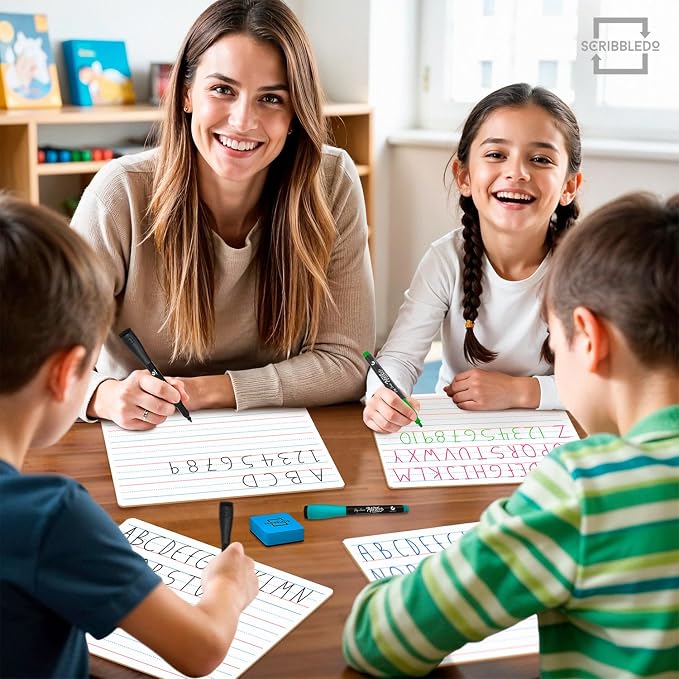 Scribbledo 5 Pack Small Lined Dry Erase Boards, 9x12 Double Sided | 5 Pcs Classroom Value Set, Smooth Learning Surface for Handwriting, Study & Homeschool Supply, Easy to Clean Masonite Board