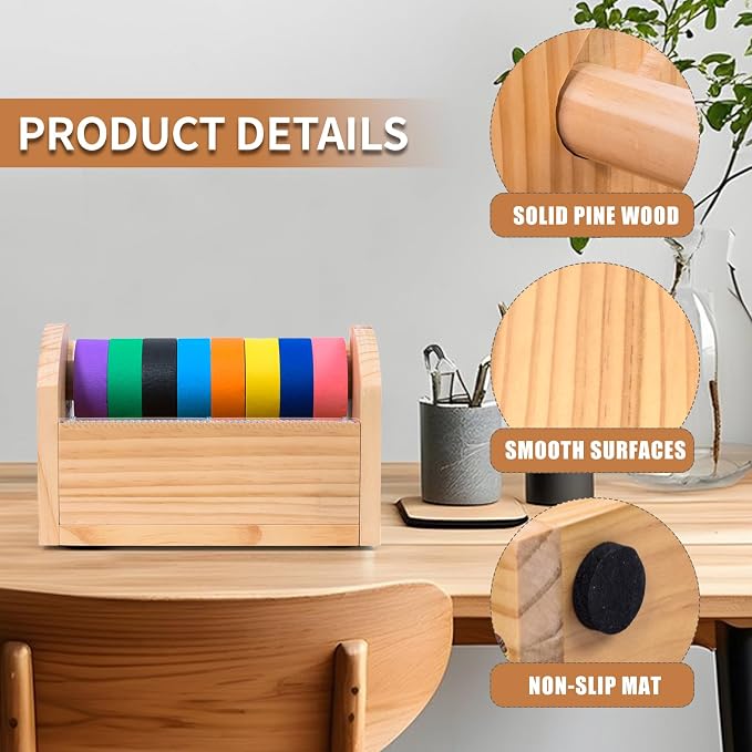 Kids Masking Tape Dispenser, Wooden Multi Roll Craft Tape Dispenser, Washi Tape Holder Organizer, Cutter for Gift Wrapping, Gift for Children Office Home School, Acrylic Serrated Cutter