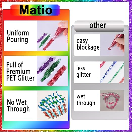 Matio 12 Pack Glitter Glue Stick Set, Non-Toxic Washable Glue Pens 10ml Each Craft Glitter Bulk Gel, Assorted Color Slime Glue for DIY Art Project Painting Scrapbooking Chriatmas Decor Supply