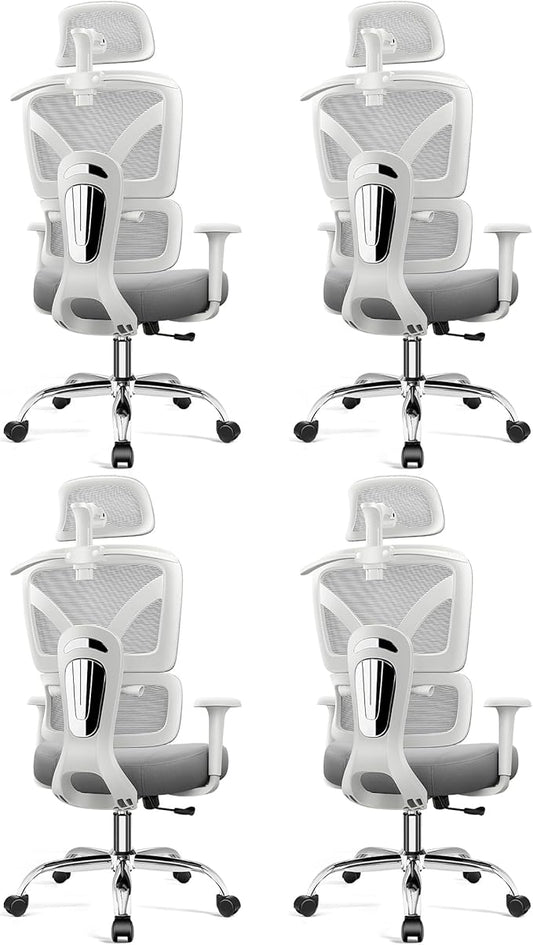 Ergonomic Office Desk Chair, High Back Mesh Office Chair with Adjustable Lumbar Support, 3D Headrest, Big and Tall Home Computer Desk Chairs Comfy for Work, Gaming, 300lbs, (Gray, 4 Pack)