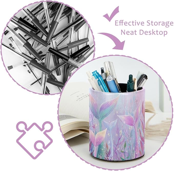 Leather Pen Holder for Desk, Mermaid Tail Pencil Cup Pen Organizer Makeup Brush Holder for Office Home Kids Countertop Desk Accessory Storage