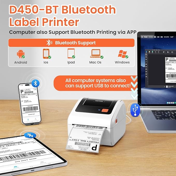 Bluetooth Thermal Shipping Label Printer with Built-in Label Holder | D450BT Bluetooth Thermal Label Printer 4x6 for Small Business, Compatible with iPhone, Android, Windows, macOS, Tiktok, USPS