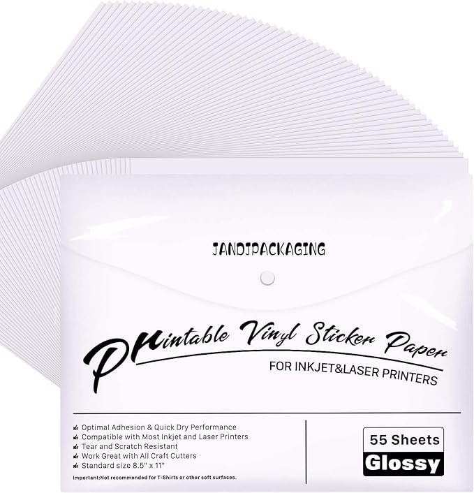 JANDJPACKAGING Premium Printable Vinyl Sticker Paper - for Inkjet and Laser Printer - 55 Pack Glossy White Waterproof Inkjet Printable Vinyl - Dries Quickly and Holds Ink Beautifully
