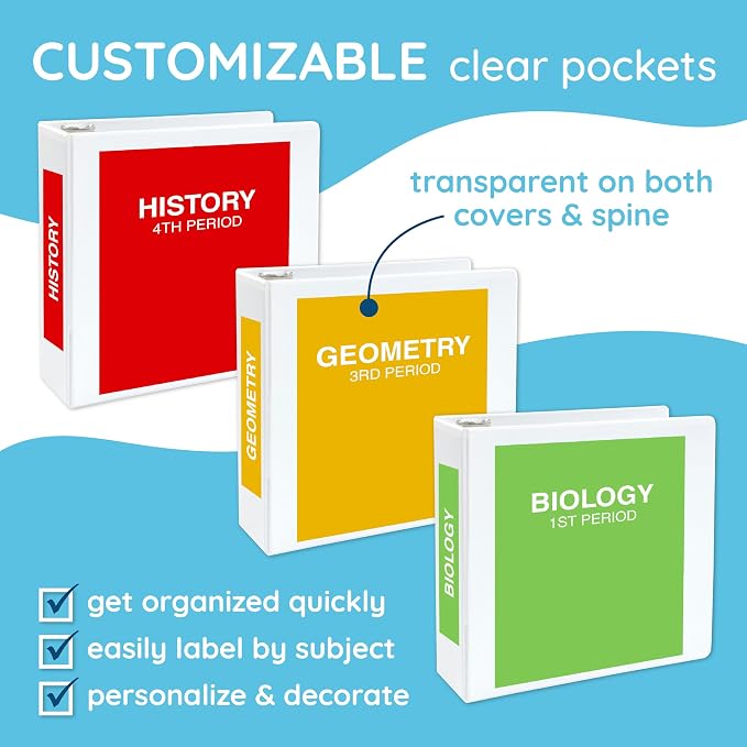White 3 Ring Binder 3 Inch Heavy Duty Large Binder with Clear View Cover for Office and School, Big Rings Hold up to 625 Sheets of 8.5 x 11 Inch Paper, 4 Pack