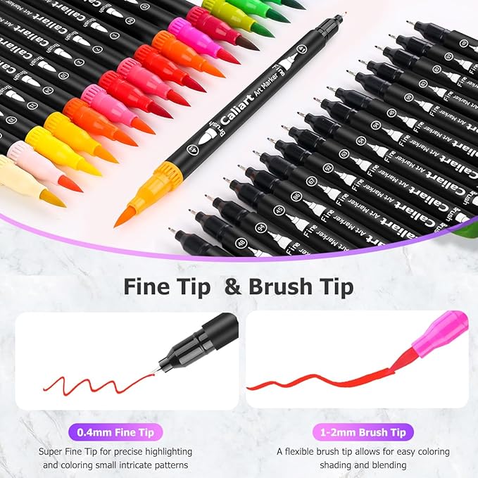 Caliart 34 Double Tip Brush Pens Art Markers for Adult Coloring Books | Artist Fine & Brush Coloring Markers for Journaling Calligraphy Lettering Planners Drawing Teacher Office Art Supplies