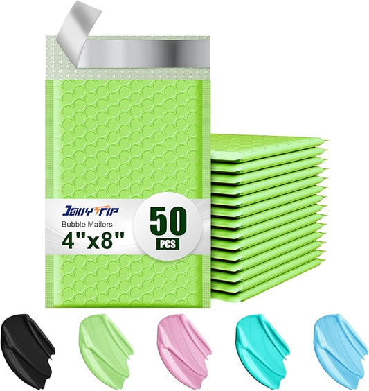 Poly Bubble Mailers 4x8 Padded Envelopes #000 50pcs, Self Seal Shipping Envelopes Padded Packaging for Small Business (Light Green)