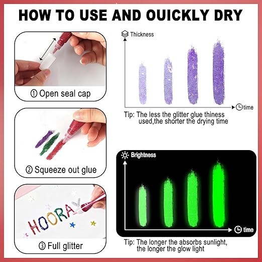Matio 12 Pack Glitter Glue Stick Set, 6 Non-Toxic Washable Glue Pens & 6 Glow in The Dark Glue, Craft Glitter Bulk Gel, Assorted Color Slime Glues for DIY Art Project Painting Christmas Decor Supply