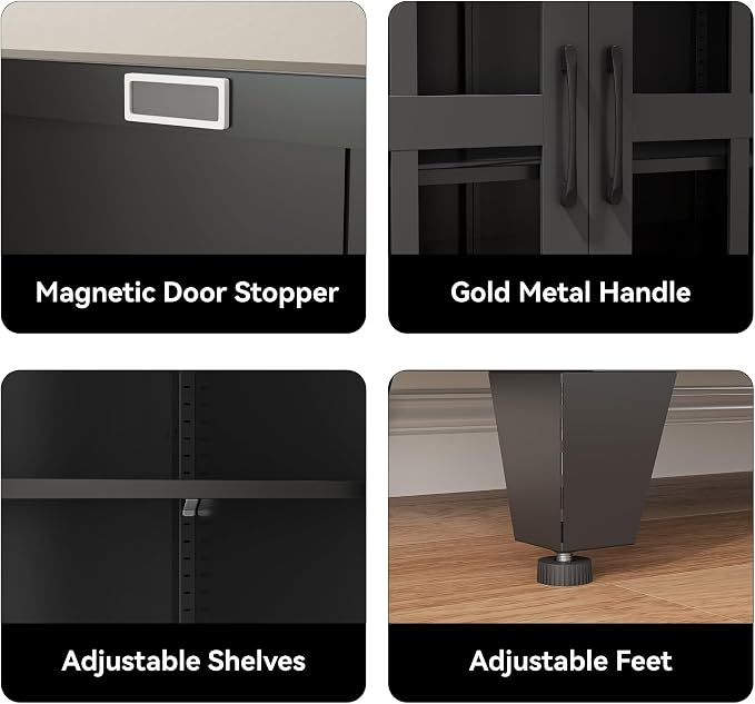 COFaR 71" Black Metal Pantry Cabinet with Glass Doors for Living Room | 5-tier pantry and display cabinet with glass doors and 4 adjustable shelves for kitchen, dining room, living room or office.