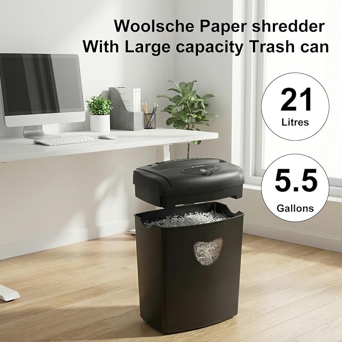 Woolsche 12-Sheet Cross Cut Paper Shredder with Large 5.55-Gallon Basket - P-4 Security, 3-Mode Shred for Cards/CDs/Staples/Clips - Jam Proof System for Office (ETL Certified)