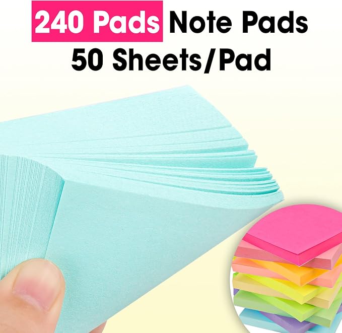 240 Pads Sticky Notes 3x3, Self-Stick Pads Bulk Bright Colors, School Supplies, Office Products, 50 Sheet/Pad
