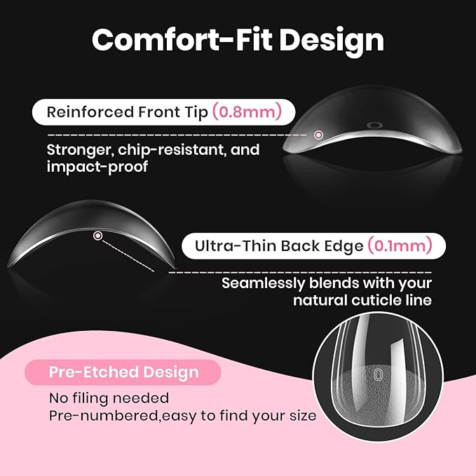 Beetles Gel Nail Kit Etch-X, Almond Short, 288pcs 12 Sizes Nail Tips, 3Pcs 15ml HEMA-Free Nail Glue Top Coat & Base Gel Set, with Mini Lamp, Press On Nail, Long Lasting Extension DIY Set at Home