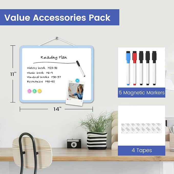 Small Wall White Board, 11" x 14" Mini Double-Sided Magnetic Dry Erase Board with Plastic Frame, Hanging Whiteboard with 5 Markers for Kids Students School Kitchen Home & Office, Blue