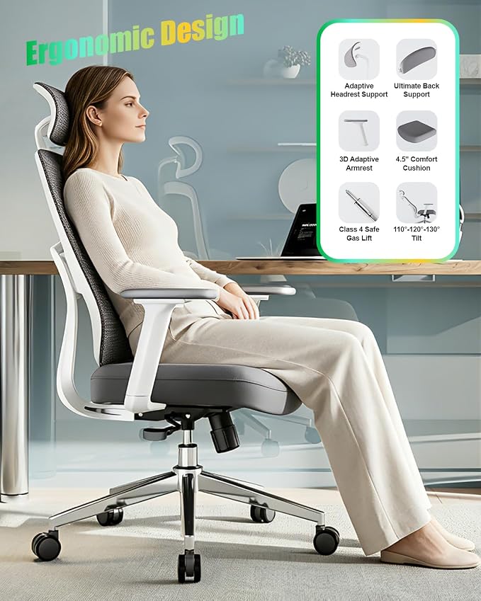 Ergonomic Office Chair, High Back Mesh Chair with Lumbar Support, Ultimate Back Support Office Desk Chair, Comfortable Computer Chair & Gaming Chair for Office & Home, White