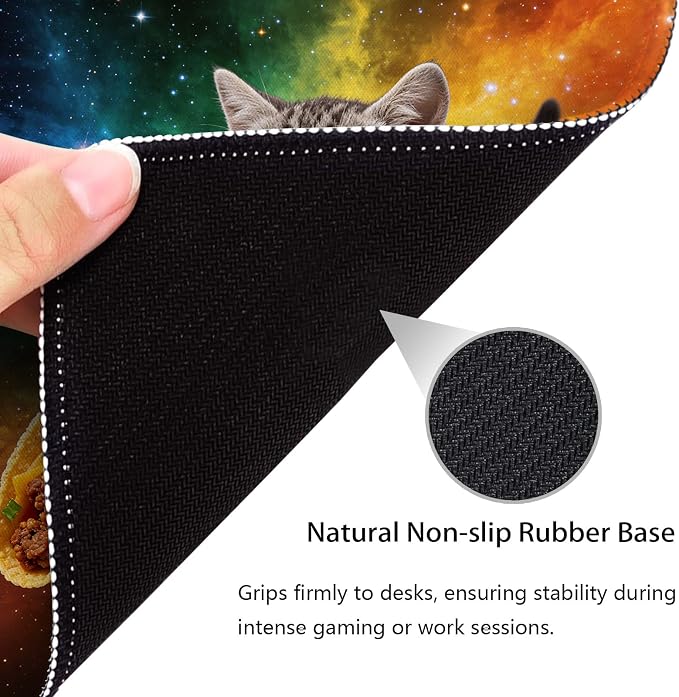 Adorable Space Cat Chasing Taco Mouse Pad, Rainbow Galaxy Durable Desk Mat | Funny Design, Cute Mousepad Stitched, Anti-Slip Base Smooth Surface, 9.5 x 7.9 Inches