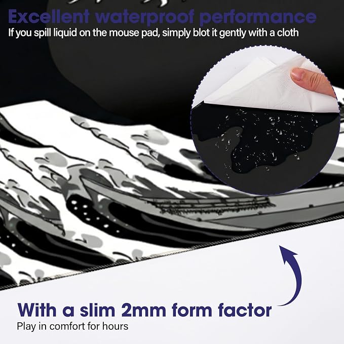 Large Extended Mouse Pad with Stitched Edges 35.4"x15.7" - Waterproof Desk Mat, Non-Slip Rubber Base for All-Desk Coverage, Perfect for Gaming Office Home, White Wave