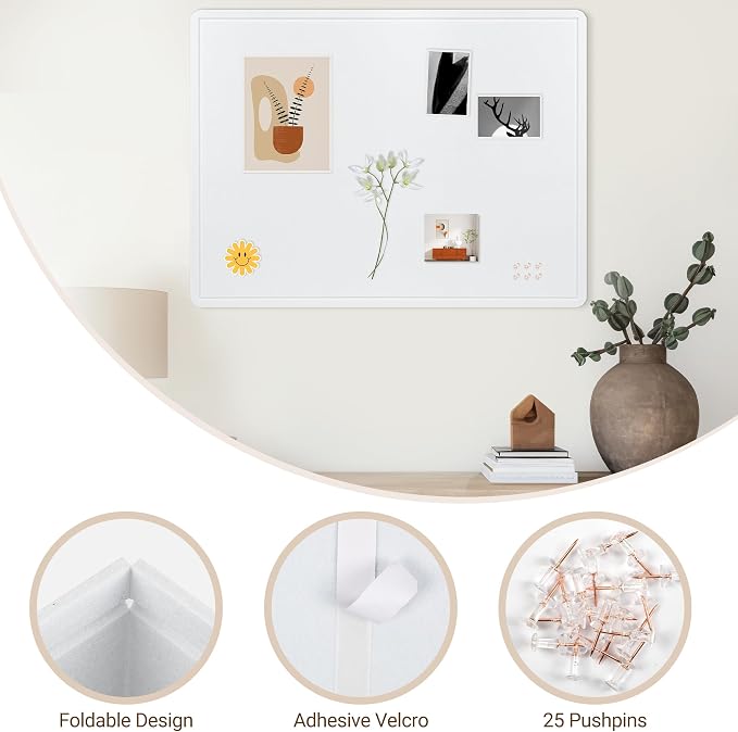 AKTOP Foldable Felt Bulletin Board for Wall, 60x36 inches, White | Large Cork Board Alternative with 25 Pushpins, Decorative Photo Display Board Pin Board 5x3, For Home, Office & School