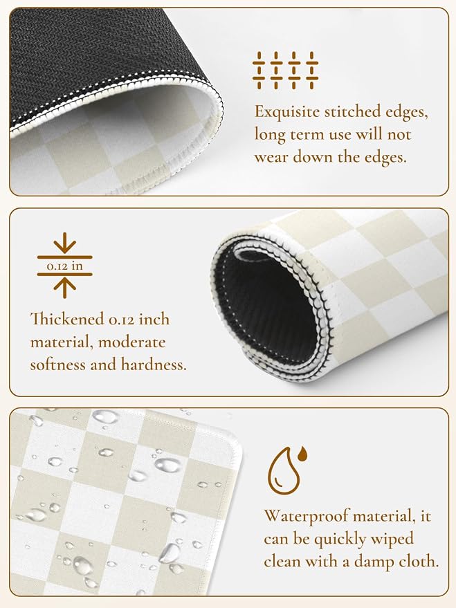 Cute Beige White Mouse Pad,Retro Checkered Pattern Mousepad,Square Aesthetic Plaid Waterproof Grid Mouse Mat Design, Non-Slip Rubber Base Computer Funny Boho Small Mouse Pads