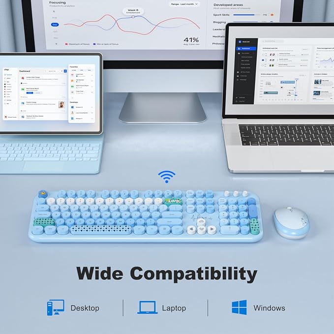 MOFII Wireless Keyboard and Mouse Combo, Cute Retro Typewriter Keyboard and Silent Mouse, 2.4GHz Full Size Computer Keyboard Wireless Mouse Set for PC, Laptop, Desktop, Windows (Blue Colorful)