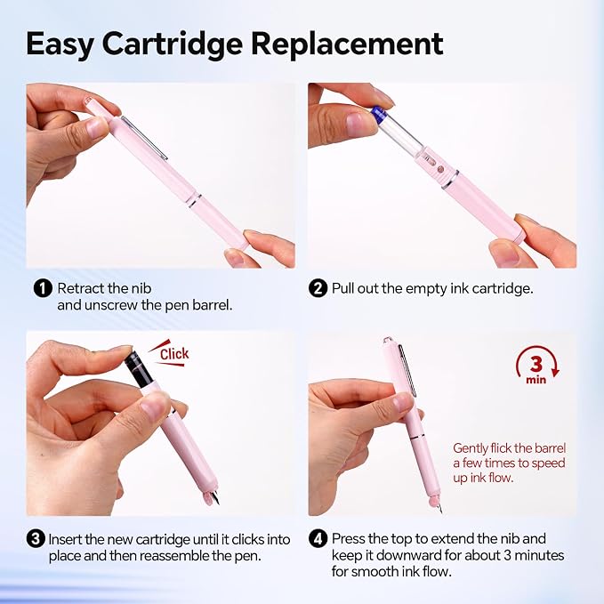 WRITECH Retractable Fountain Pen Set: Black Ink Fine Nib, 5 Refillable Ink Cartridges Included, No Leaking Smooth Writing for Calligraphy Journaling Gift (Pink)