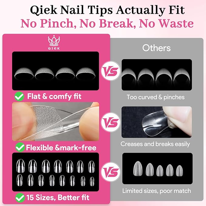 Medium Round False Nail Tips, 15 Sizes 510 PCS Clear Soft Press On Fake Nail Pre-shaped Half Matte Full Cover Gel Nail Tips Extensions Strong Thick Long Lasting for DIY Beginners & Salon Manicure