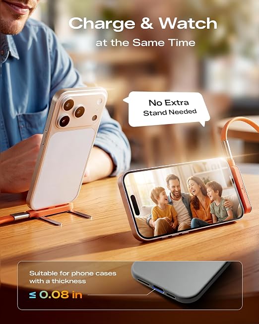 LOOHOI 240W Fast Charging USB-C to USB-C Cable with Built-in Phone Stand | Soft Silicone Invisible Stand Fast Charging Cord for Gaming, Desk Setup & Hands-Free Viewing (5FT, Orange)