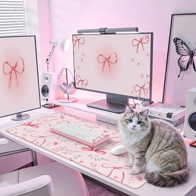 iCasso Pink Desk Mat,Cute Desk Pad for Women | Girly Bow Mousepad with Stitched Edges,Non-Slip Large Computer Mat for Study Home Office