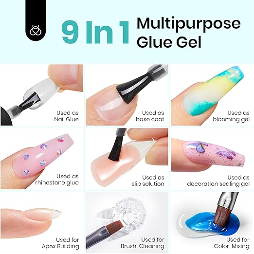 Beetles 9 in 1 Nail Glue Gel for Nail Tips and Clear Acrylic Nails Long Lasting, Curing Needed UV Extension Glue for False Nail Tips and Press on Nails, Spring Nail Art