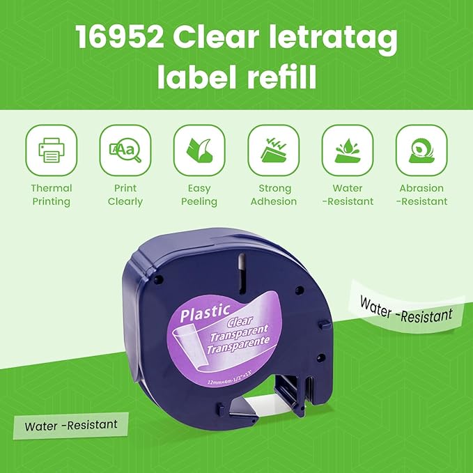 Label KINGDOM Compatible with DYMO Transparent LetraTag Label Maker Refills 16952 Clear Plastic Tape for Letra Tag LT-100H LT-100T QX50, 12mm x 4m, 5-Pack