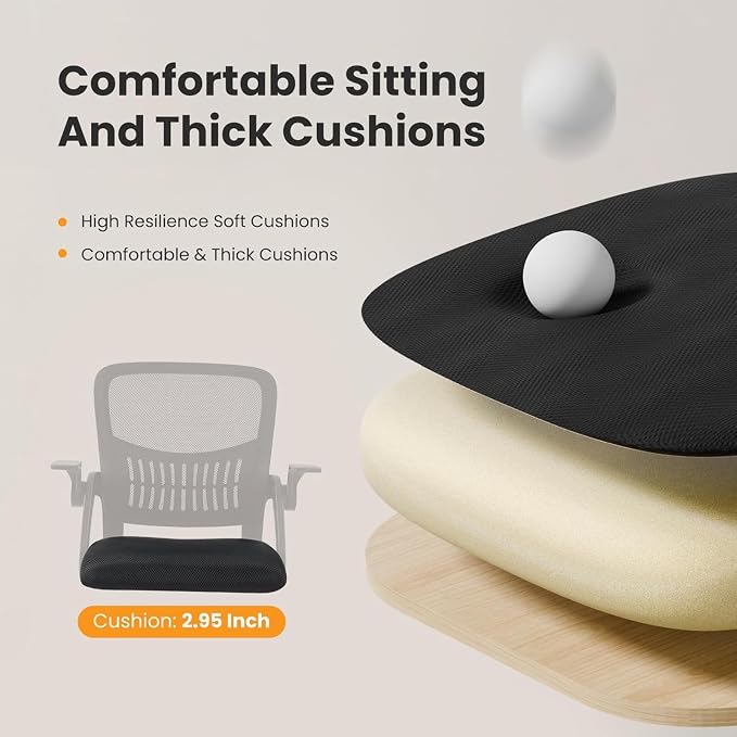 Sweetcrispy Computer Desk Chair, Home Office Chair, Lumbar Support, Black | Flip Up Armrest, Adjustable Height, 360° Swivel Wheels, Ergonomic Mesh Mid-Back, Comfy Arms Bedroom Study