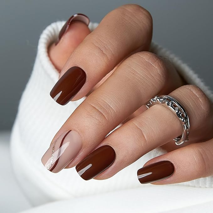 CurvLife Medium Square Press On Nails, Soft Gel Mocha Line Dream Salon Quality Fake Nails, Brown Nude Minimalist Design, Reusable Full Cover Press Ons for Women