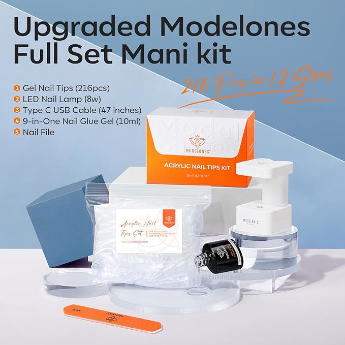 modelones X Nail Gel Kit Extra Short Almond, 9-in-One Nail Glue with Portable U V Lamp 216Pcs 12Sizes Pre-Etched Press ons Fake Acrylic Extension Kit DIY Salon Gift for Women