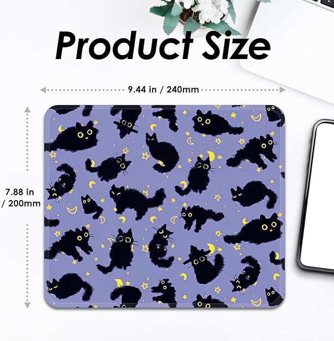 Mouse Pad with Stitched Edges - Cat Night Sky Mousepad for Women, 9.25 x 7.75 inch Washable Square Desk Pad, Non-Slip Rubber Base, Office Home Laptop Accessories - Moonlight Cats